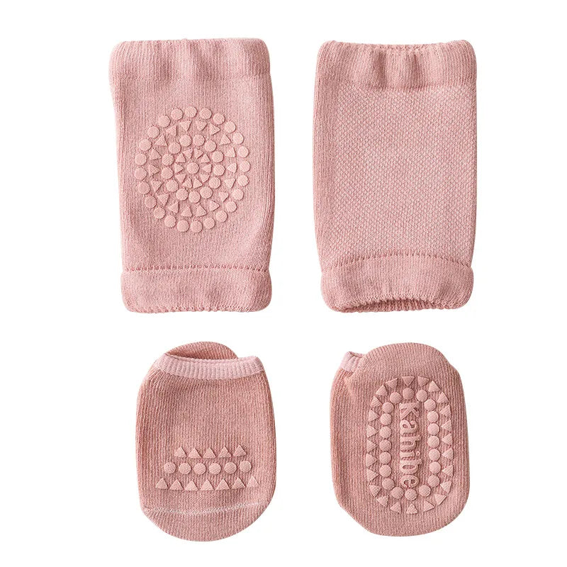 Pink anti-slip crawling knee pad and sock set, flat lay